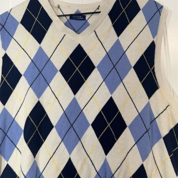 Ralph Lauren Y2K Preppy Argyle Sweater Vest Blue Navy Cotton Cashmere Knit L - Picture 6 of 8